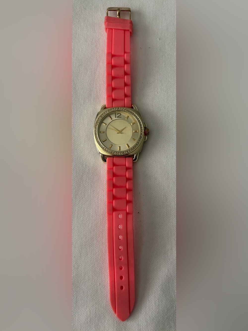 ⌚️3/$30⌚️Gold-Tone Watch Pink Silicone Strap and Rhinestone Embellished Bezel